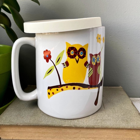 Large Retro Owl Coffee Mug with Rubber Lid/Coaster, Retro Vintage Owl Kitchen - Picture 3 of 7